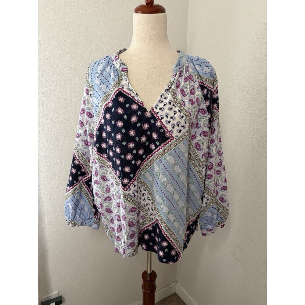 LOFT Women’s XL Patchwork Paisley Floral V-Neck Boho Blouse Top 55% Linen - Picture 2 of 9